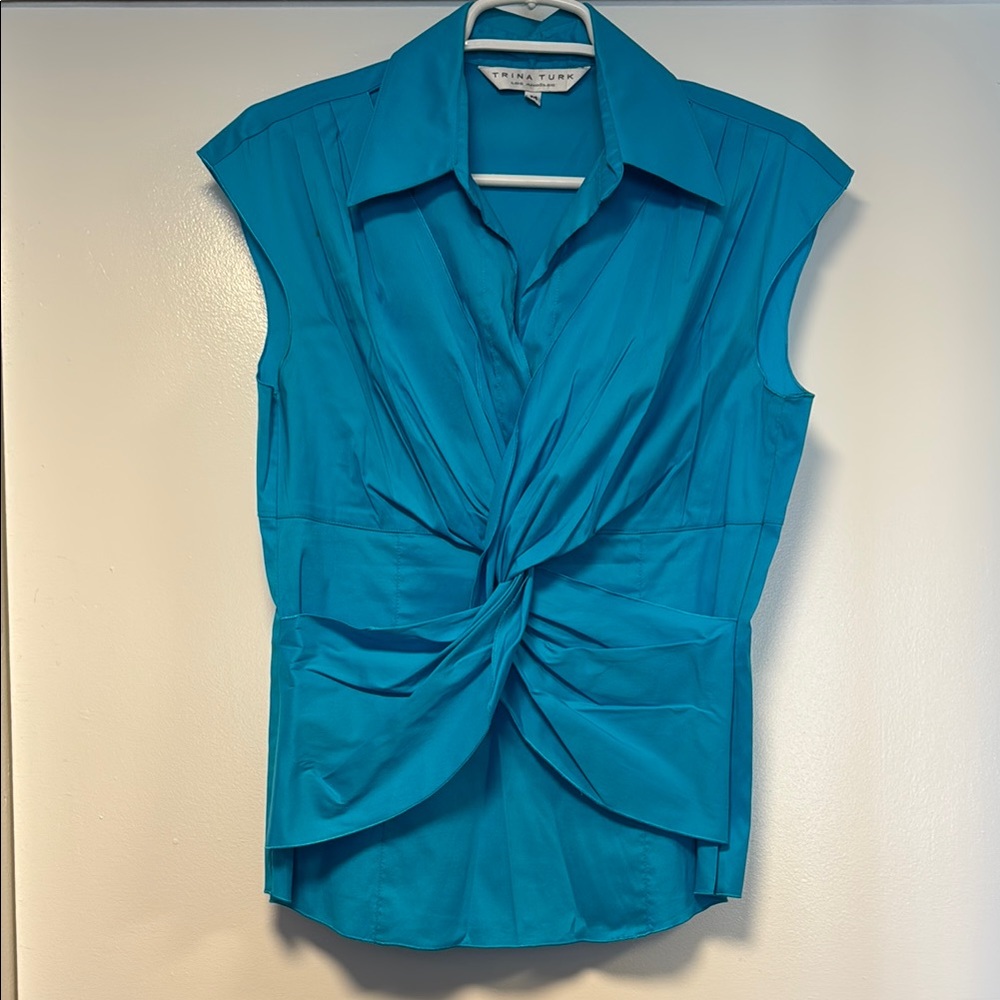 Trina Turk Blue Sleeveless Blouse with Tie Front and Notched Collar